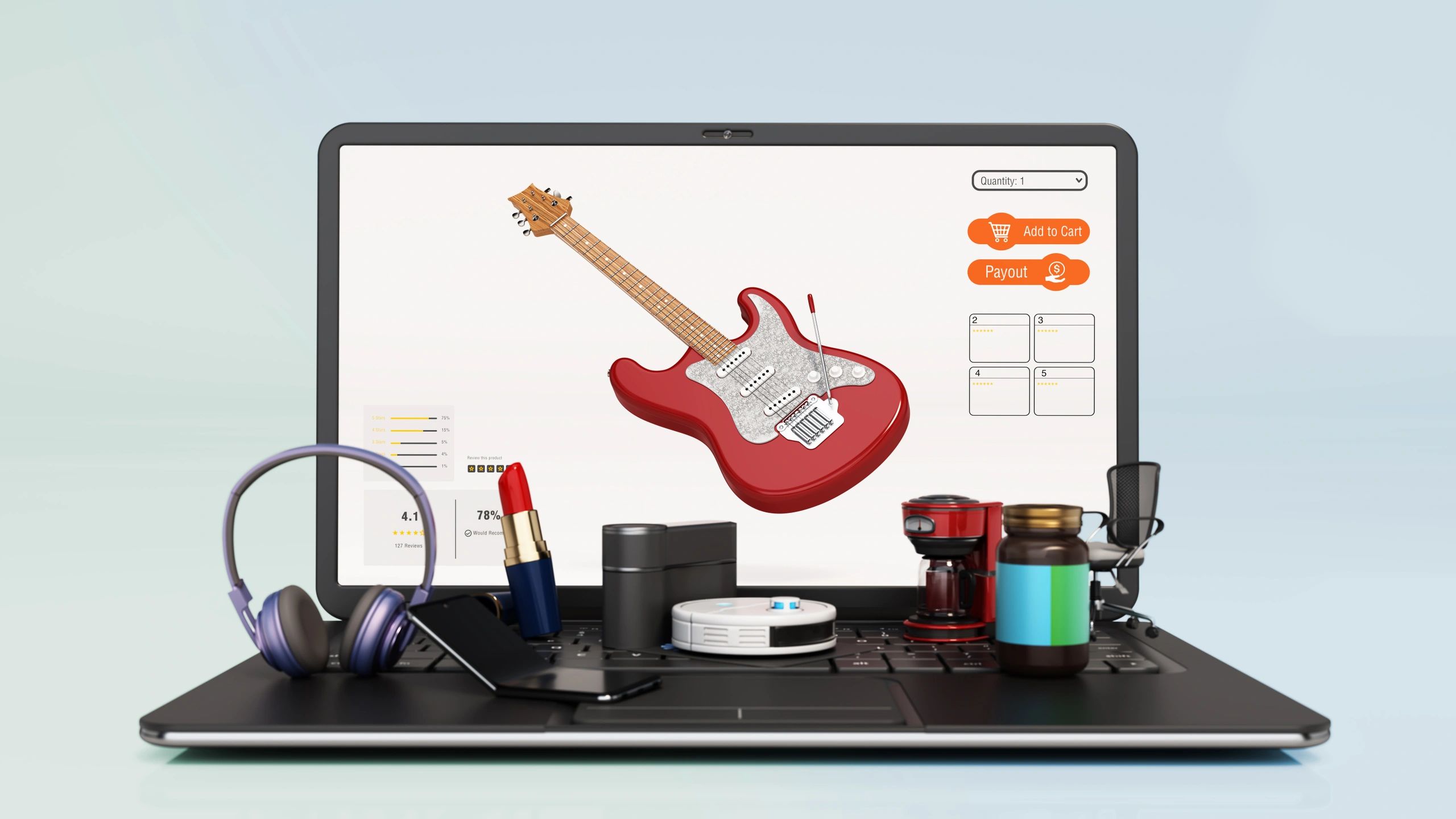 Online shopping interface with product listings and purchase actions